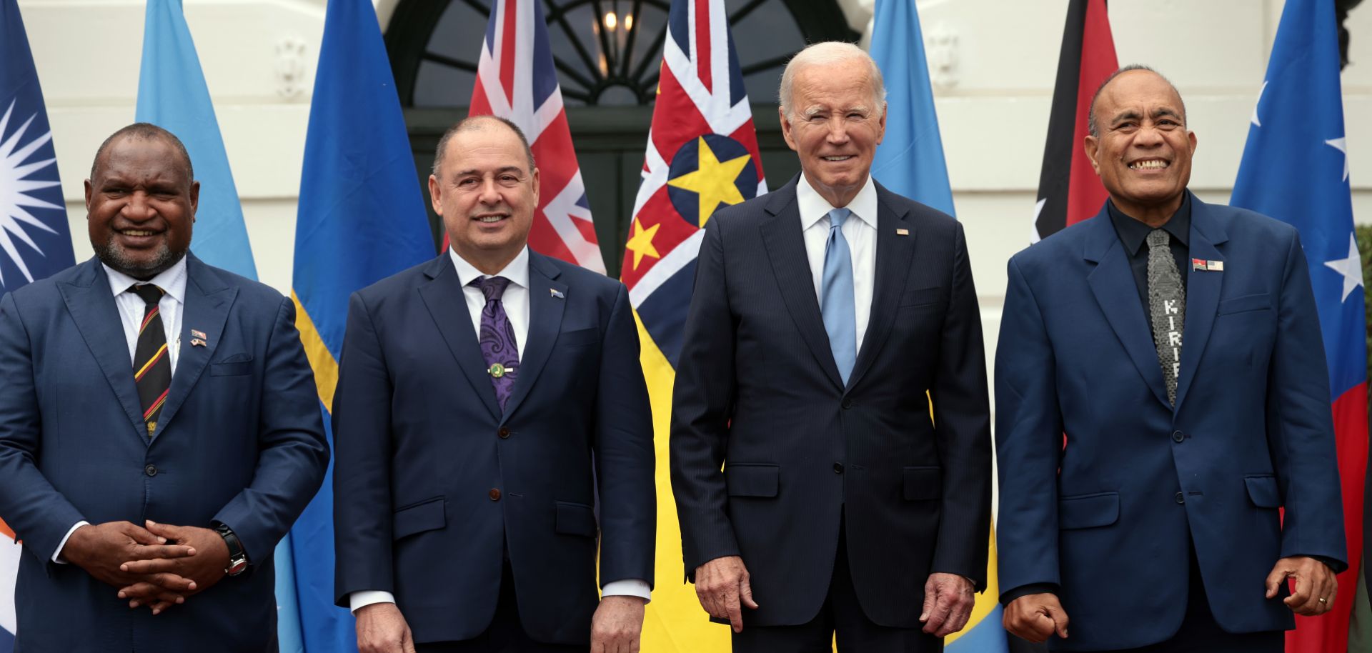 Papua New Guinea's Prime Minister James Marapeand, the Cook Islands' Prime Minister Mark Brown, U.S. President Joe Biden and Kiribati's President Taneti Maamau at the Pacific Islands Forum (PIF) as part of the U.S.-PIF summit at the White House on Sept. 25, 2023, in Washington, D.C.