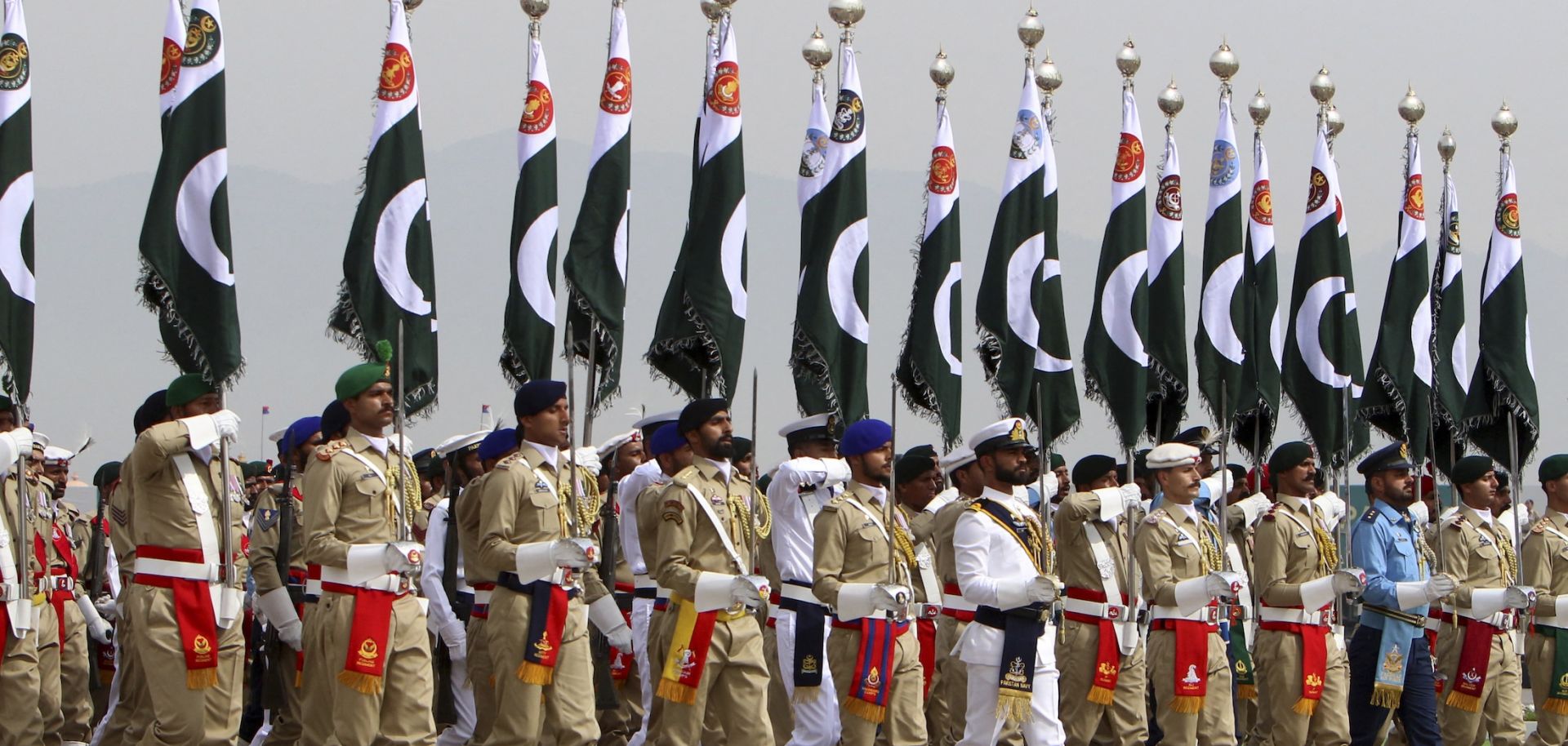 Pakistan's armed forces march in the country's National Day parade in Islamabad on March 23, 2024. 