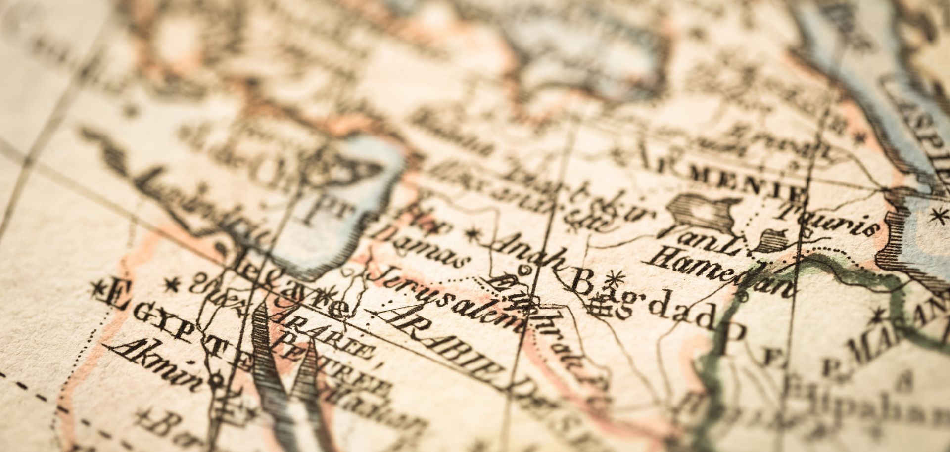 An antique map showing the area around modern-day Israel and the Palestinian territories. 
