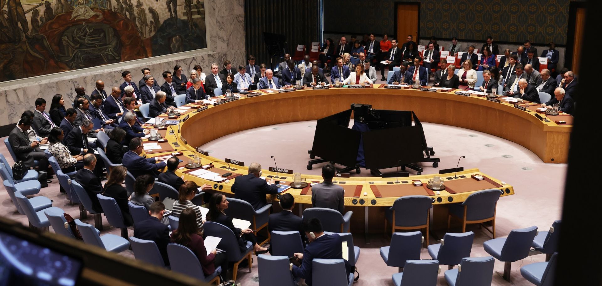 Dignitaries attend a U.N. Security Council meeting on the situation in the Middle East, including the question of Palestinian statehood, during the U.N. General Assembly on Sept. 23, 2025, in New York City. 