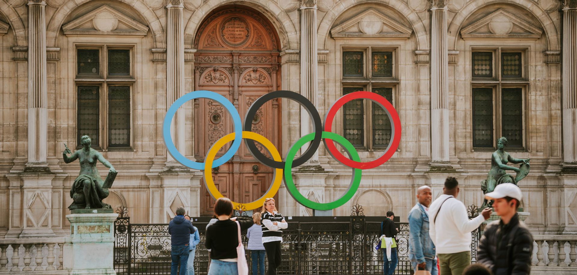 Olympic rings in front of the Hotel de Ville in Paris, France, on May 22, 2023.