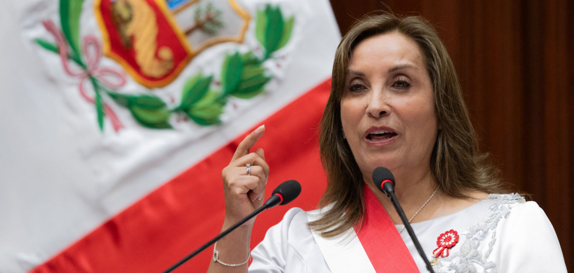 Peruvian President Dina Boluarte delivers an address in Lima on July 28, 2024.