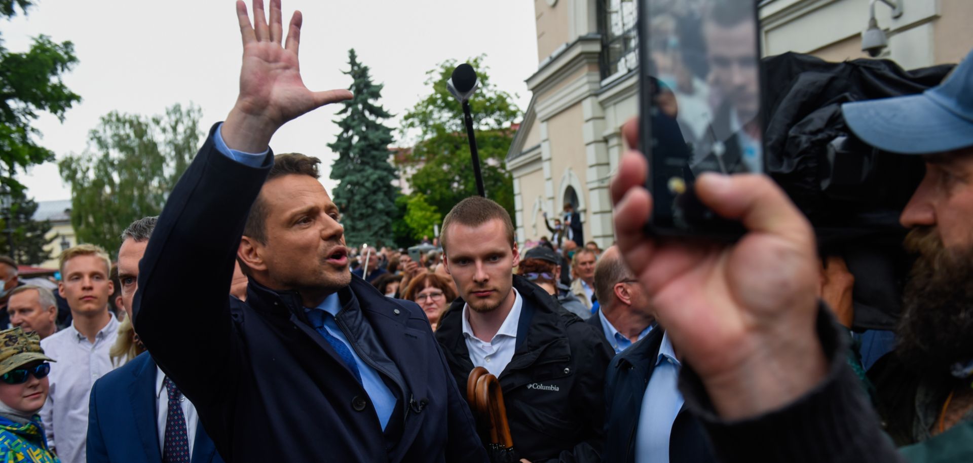 Warsaw Mayor Rafal Trzaskowski, one of the main opposition candidates running in Poland's 2020 presidential election, greets locals and supporters in Wieliczka, Poland, during a campaign event on June 5, 2020. 