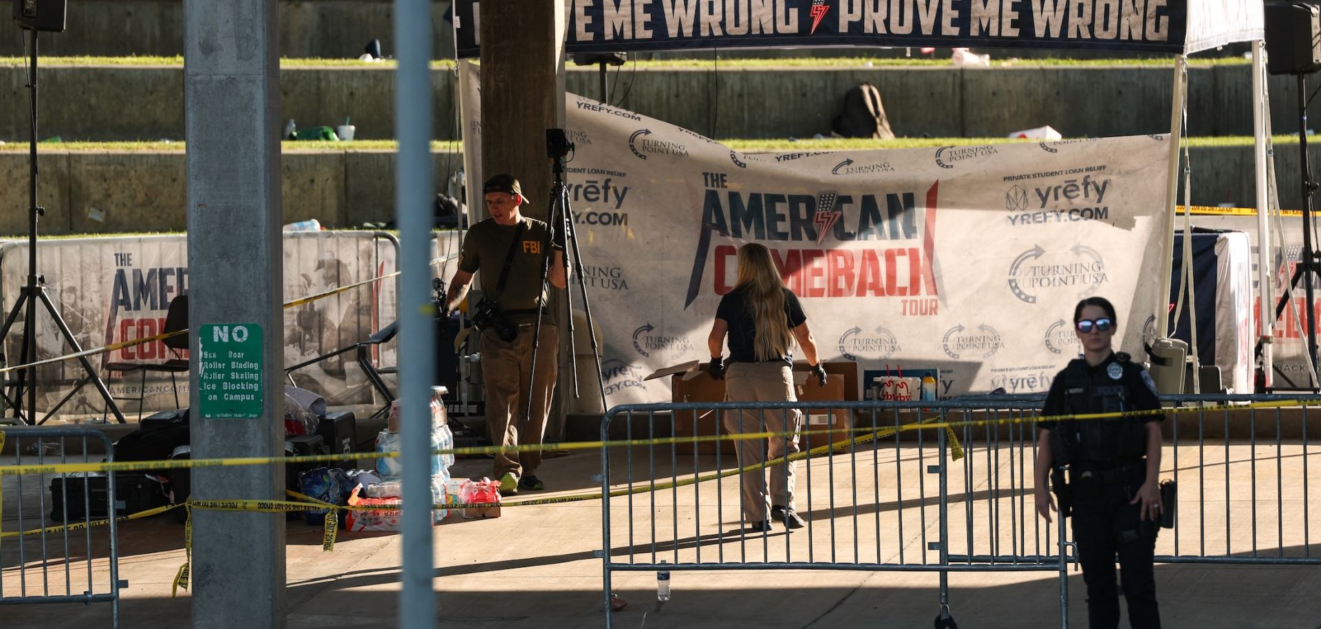 The crime scene where political activist Charlie Kirk was shot and killed Sept. 11 at Utah Valley University in Orem, Utah.