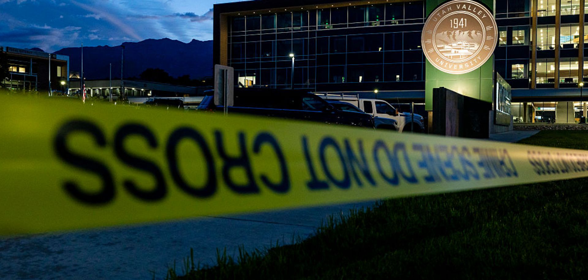 Police tape hangs in front of Utah Valley University following the fatal shooting of political activist Charlie Kirk during an event at the campus Sept. 12, 2025 in Orem, Utah.
