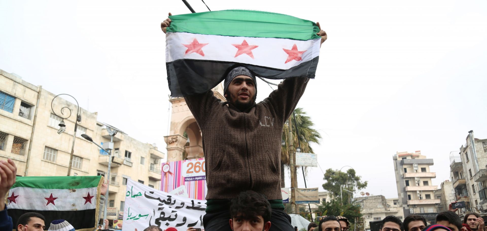 Syrians stage a protest against Assad Regime after Friday prayer at the Etarib district of Aleppo, Syria on December 30, 2016.