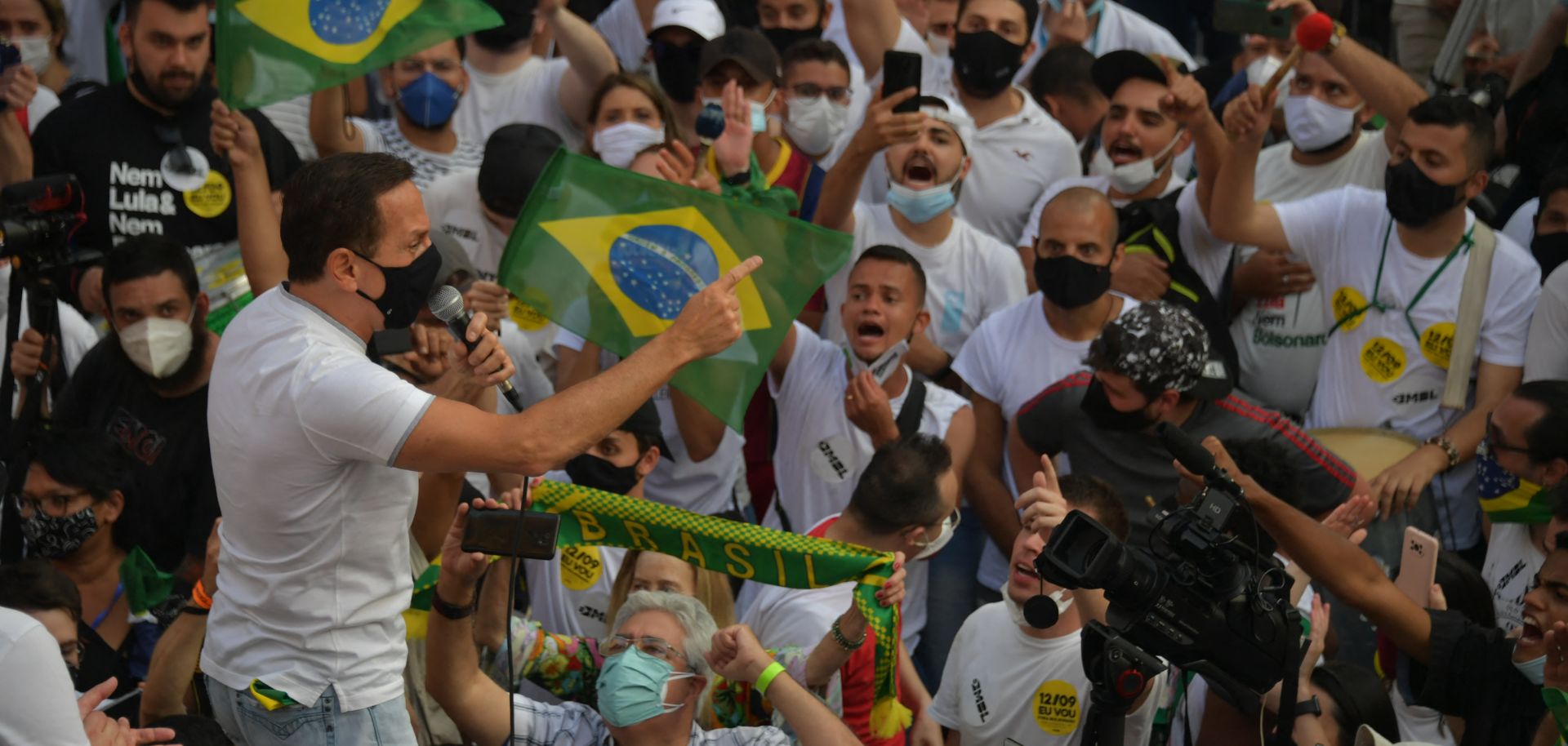 Sao Paulo Gov. Joao Doria addresses demonstrators during a Sept. 12, 2021, protest in Sao Paulo, Brazil.