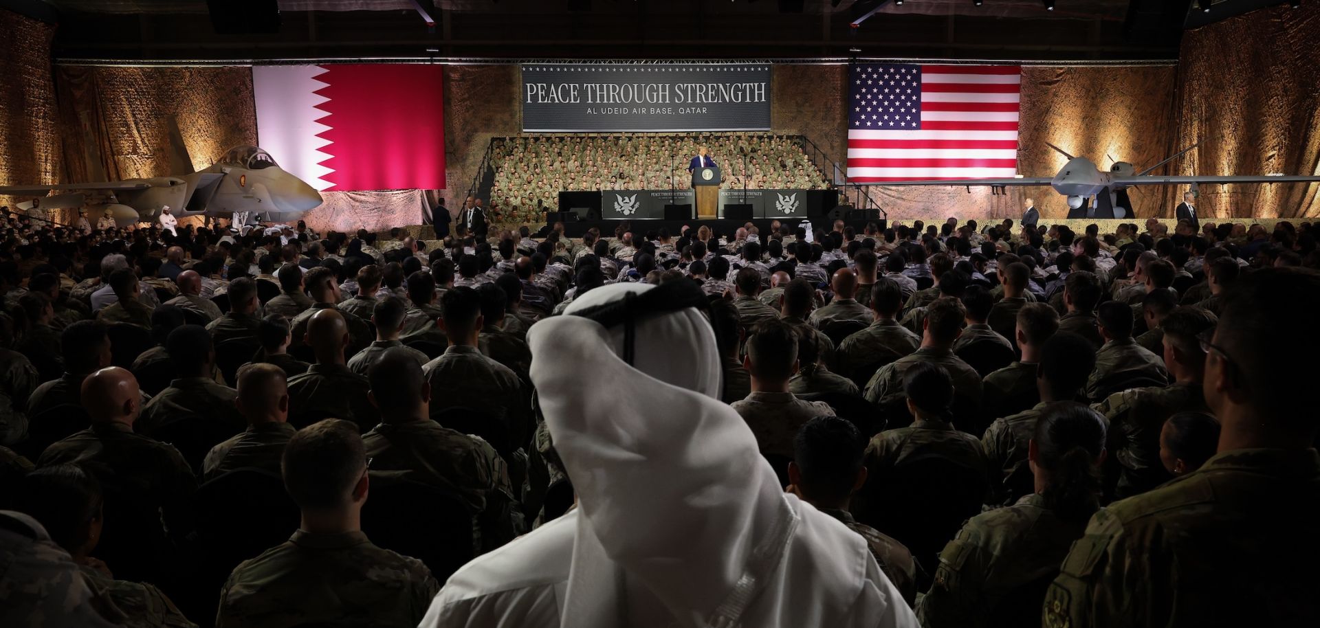 U.S. President Donald Trump delivers remarks to U.S. and Qatari military personnel at the Al Udeid Air Base in Doha, Qatar, on May 15, 2025.