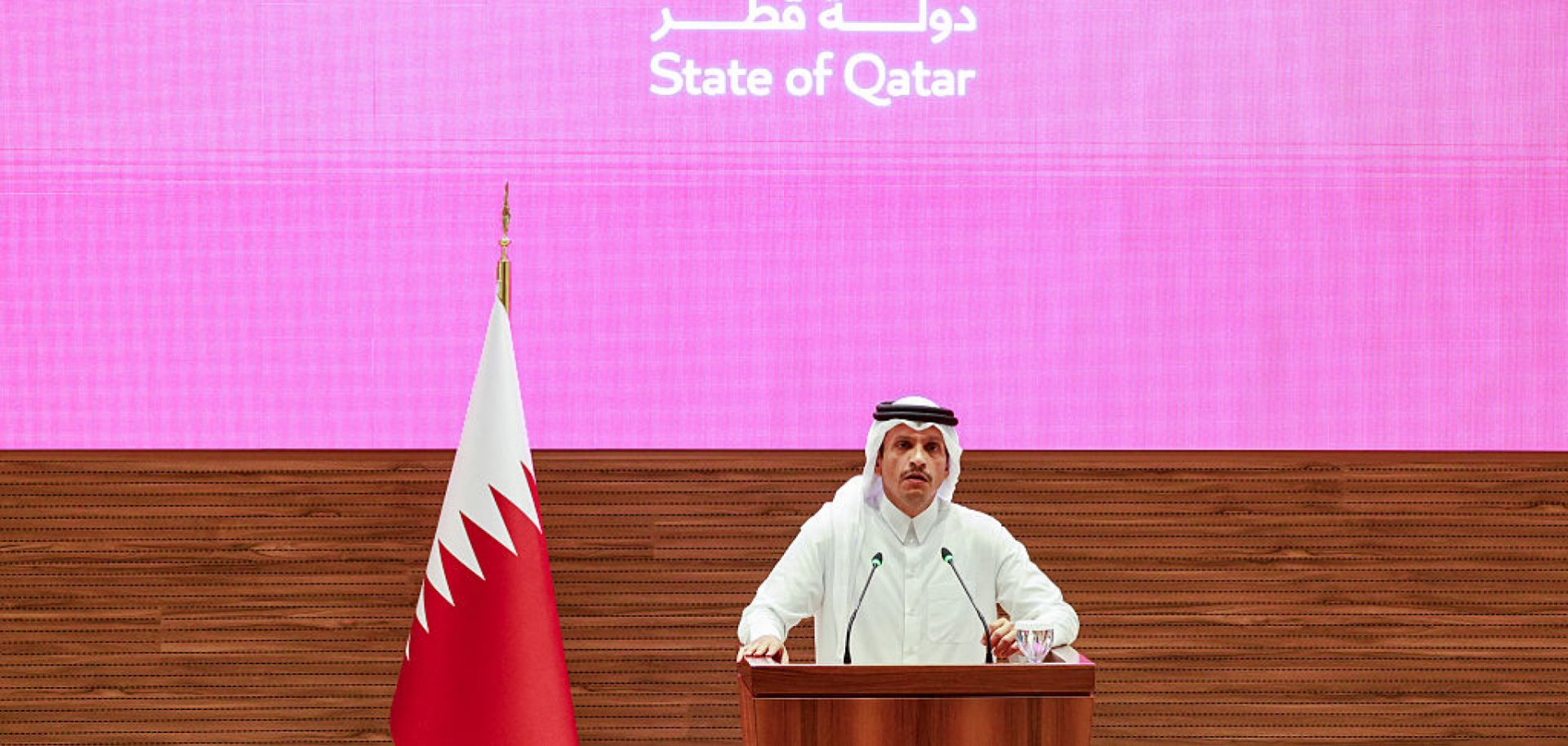 Qatar's Prime Minister and Foreign Minister Sheikh Mohammed bin Abdulrahman al-Thani addresses a press conference following Israeli strikes in Doha on Sept. 9, 2025. 