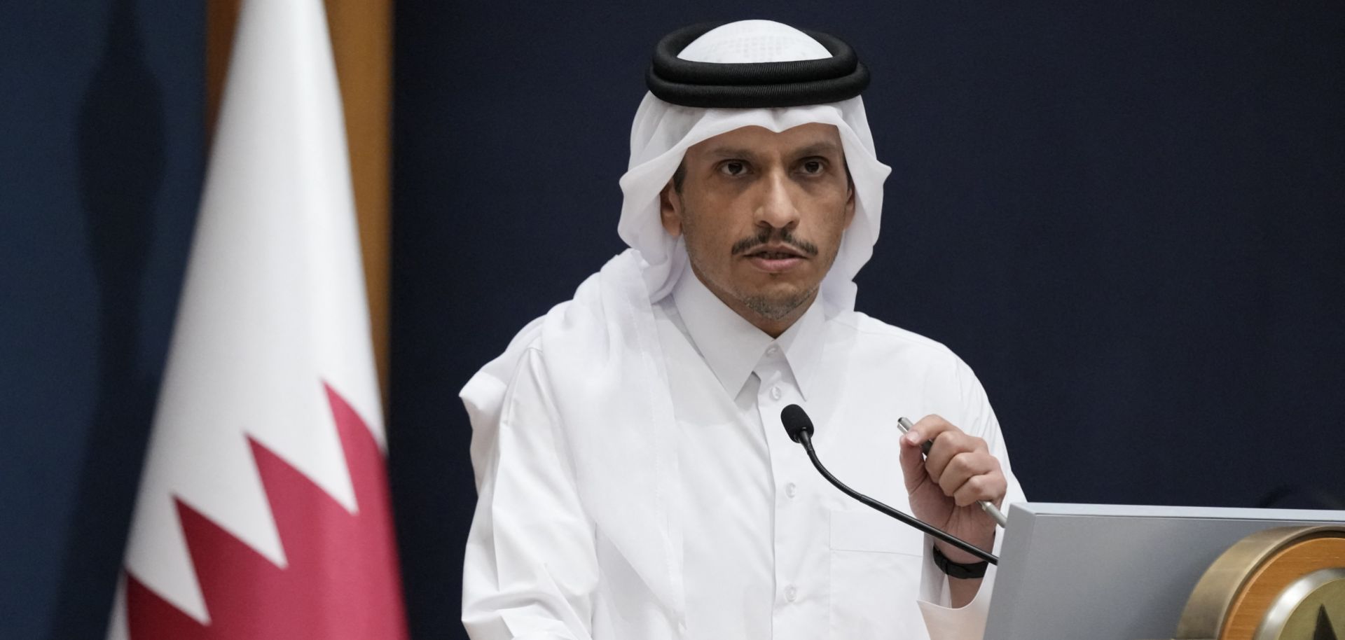 Qatari Prime Minister and Minister of Foreign Affairs Mohammed bin Abdulrahman Al Thani speaks during a press conference alongside U.S. Secretary of State Antony Blinken in Doha, Qatar, on Oct. 13, 2023. 