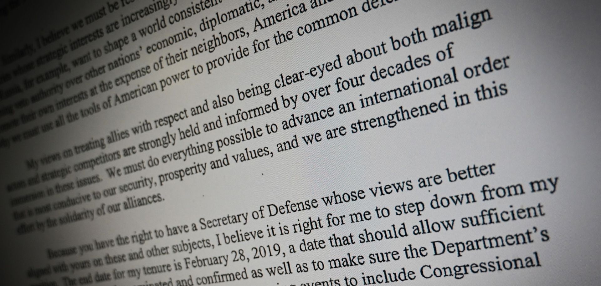 An image of the resignation letter U.S. Defense Secretary James Mattis sent to President Donald Trump on Dec. 20, 2018.