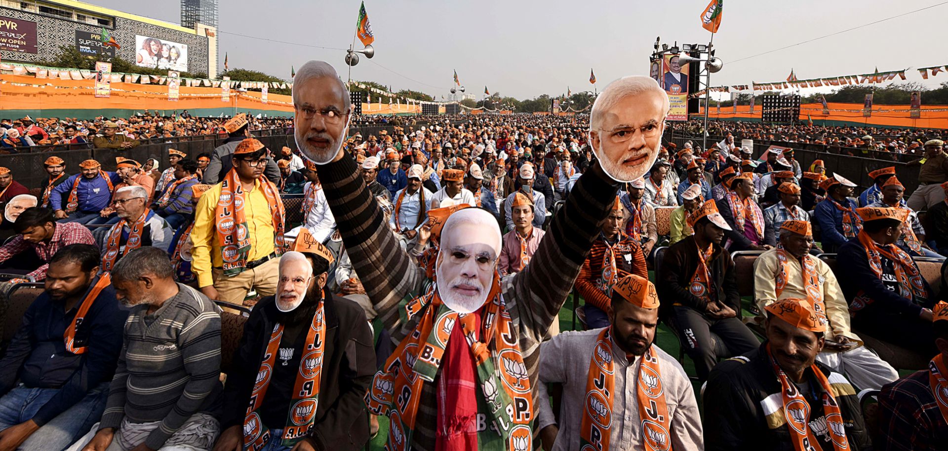 Supporters of Indian Prime Minister Narendra Modi and his Bharatiya Janata Party rally in New Delhi on Feb. 4, 2020, ahead of the territory's assembly elections on Feb. 8.
