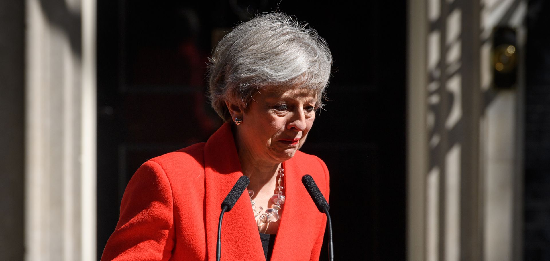 British Prime Minister Theresa May announces her resignation, effective June 7, 2019, outside 10 Downing Street in London on May 24, 2019.