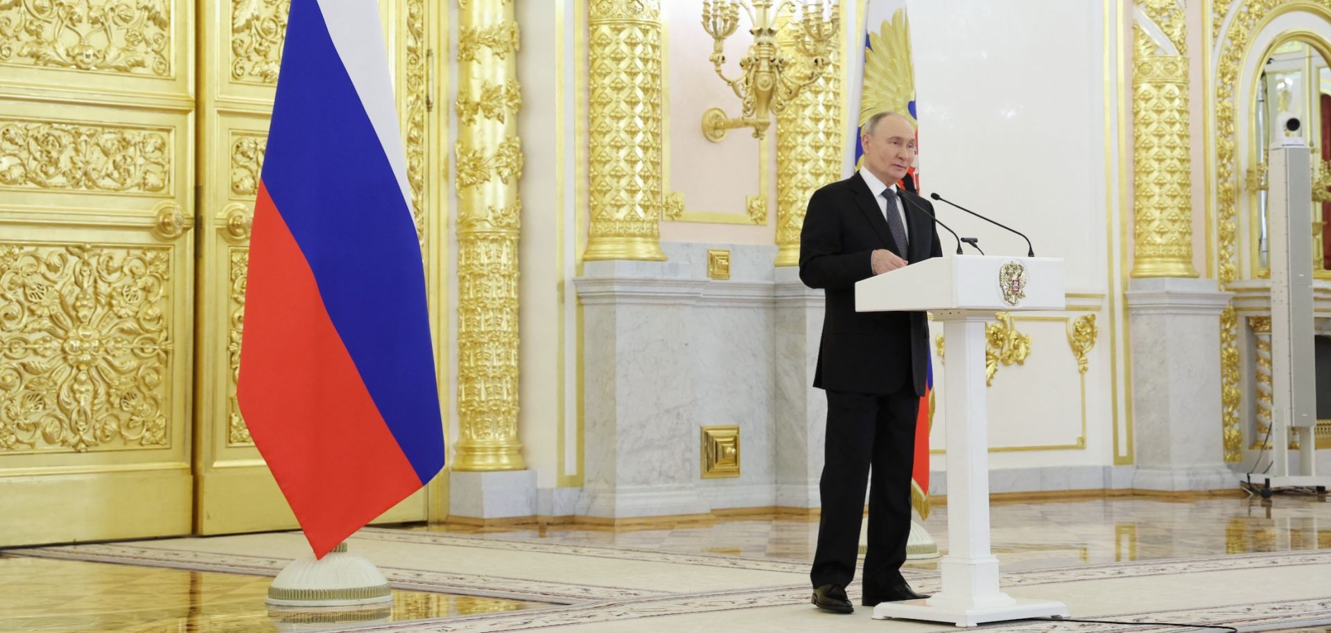 Russian President Vladimir Putin gives a speech during a state awards ceremony at the Kremlin in Moscow on Dec. 16, 2024.