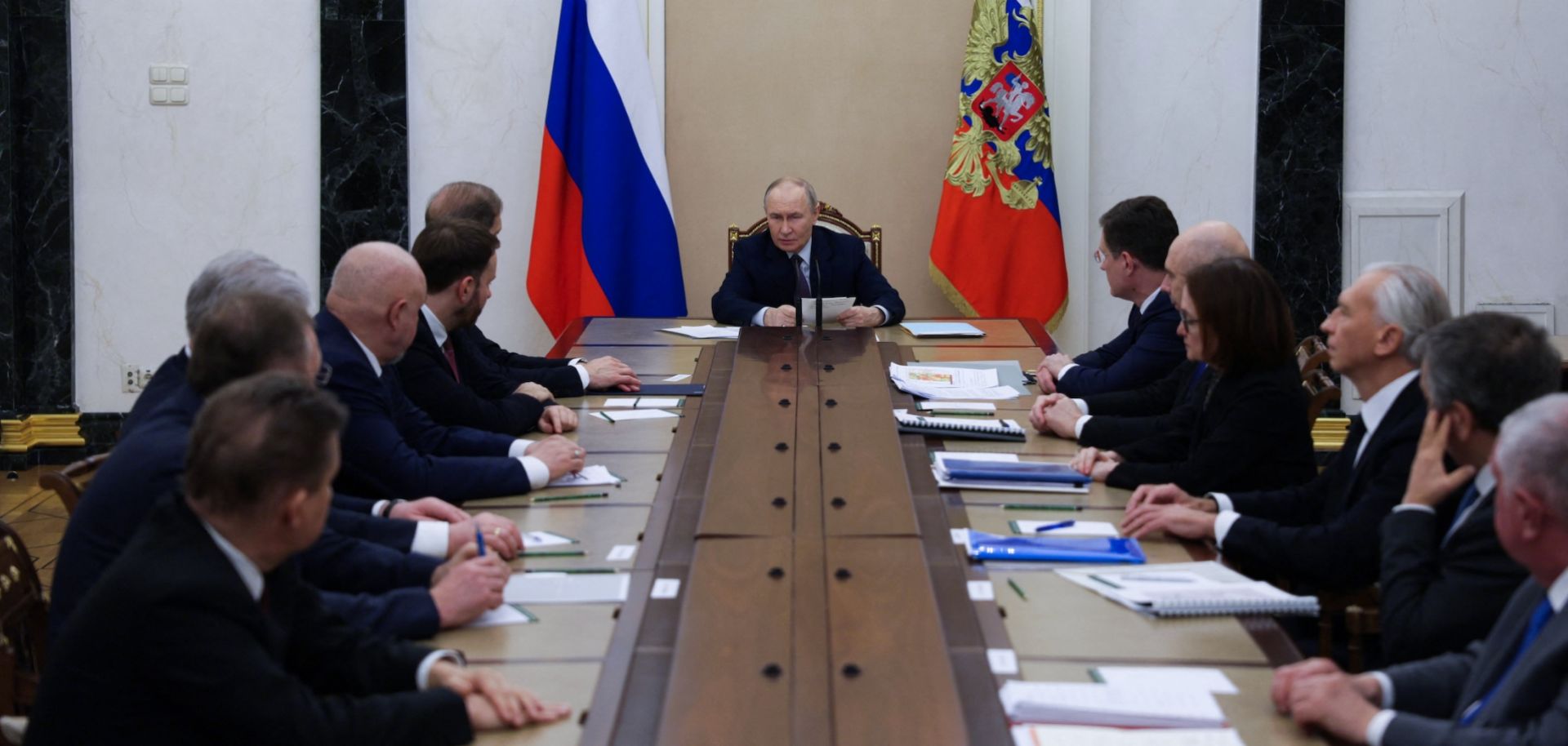 Russian President Vladimir Putin holds a meeting in Moscow on the global oil and gas market situation on March 9, 2026.