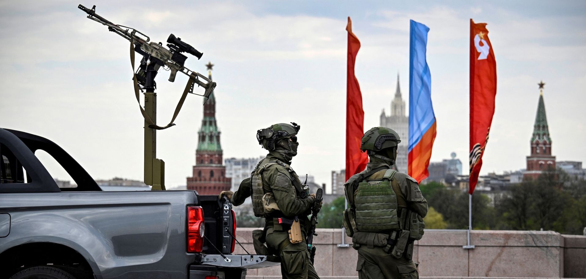 Russian officers patrol central Moscow on May 5, 2026, in front of the Kremlin, a few days ahead of the Victory Day military parade, to be held at Red Square on May 9. 