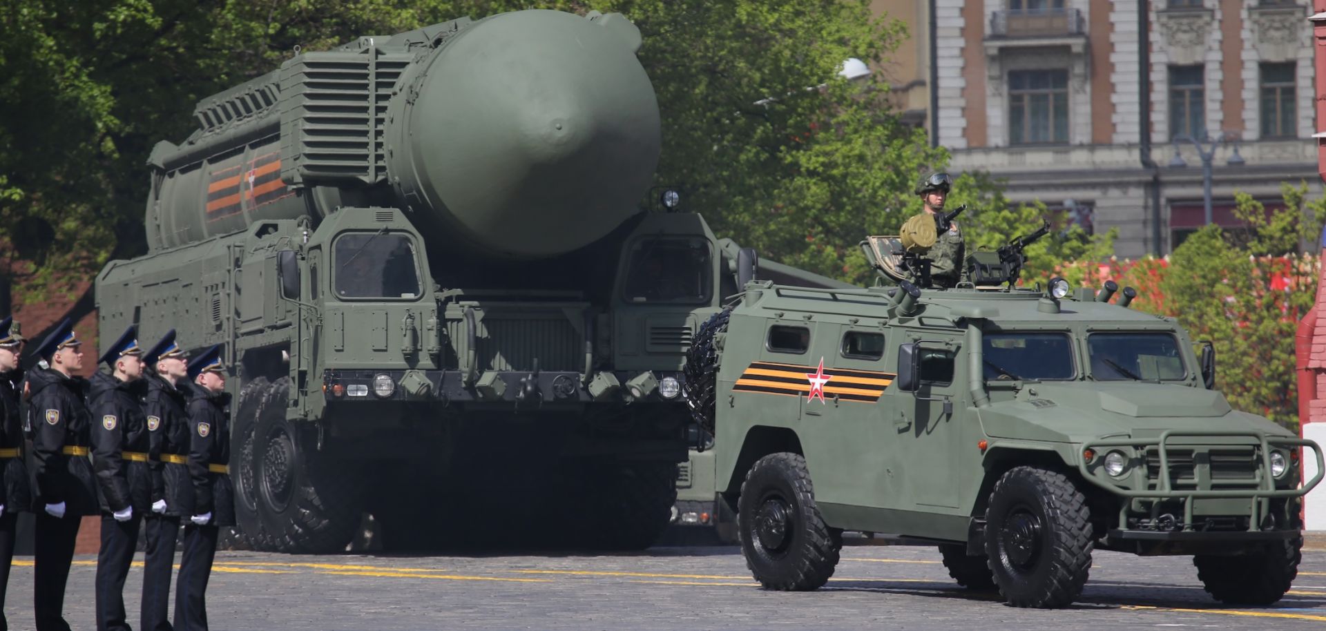 A Russian RS-24 Yars nuclear missile complex arrives during the main rehearsals of the Victory Day military parade in Moscow's Red Square on May 5, 2024.