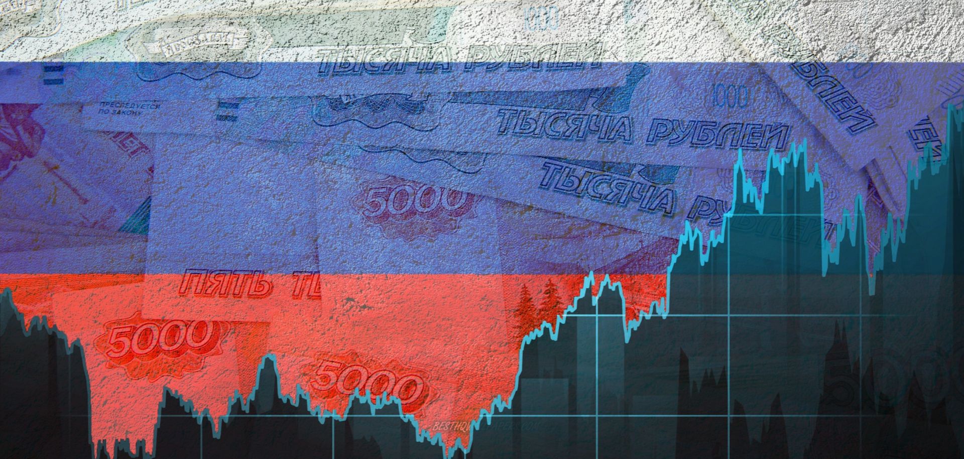 A graph of the ruble exchange rate against the background of the Russian flag and paper banknotes. 