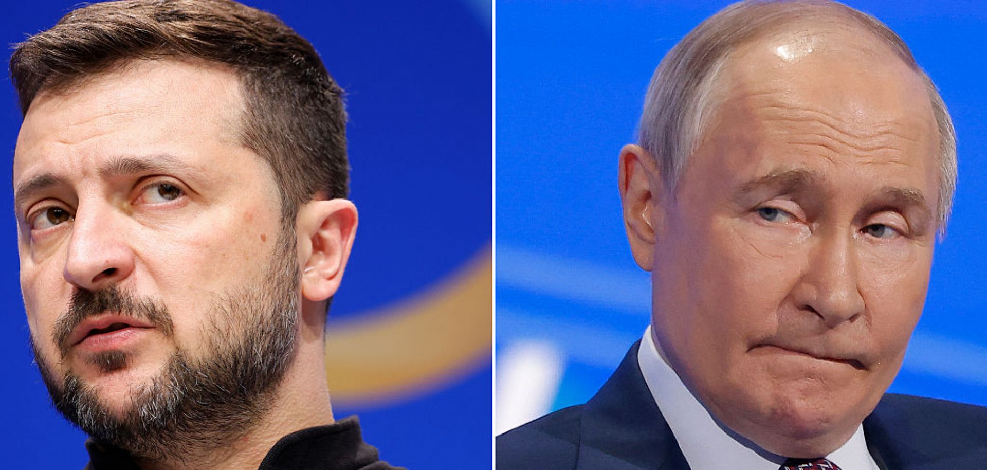This combination of pictures shows Ukrainian President Volodymyr Zelensky (left) during a press conference in Berlin on June 11, 2024, and Russian President Vladimir Putin during the Congress of the Russian Union of Industrialists and Entrepreneurs in Moscow on March 18, 2025.