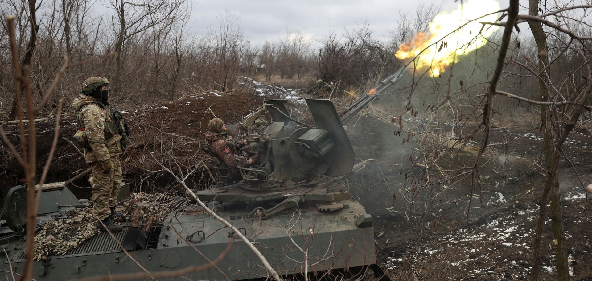 Ukrainian anti-aircraft gunners fire in the direction of Bakhmut in the Donetsk region on Feb. 20, 2024. 