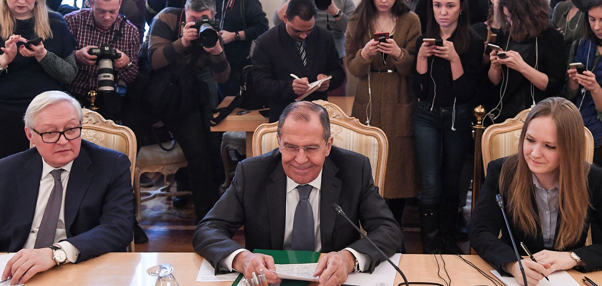 Russian Foreign Minister Sergei Lavrov looks on during a meeting with Venezuelan Vice President Delcy Rodriguez (unpictured) in Moscow on March 1, 2019.