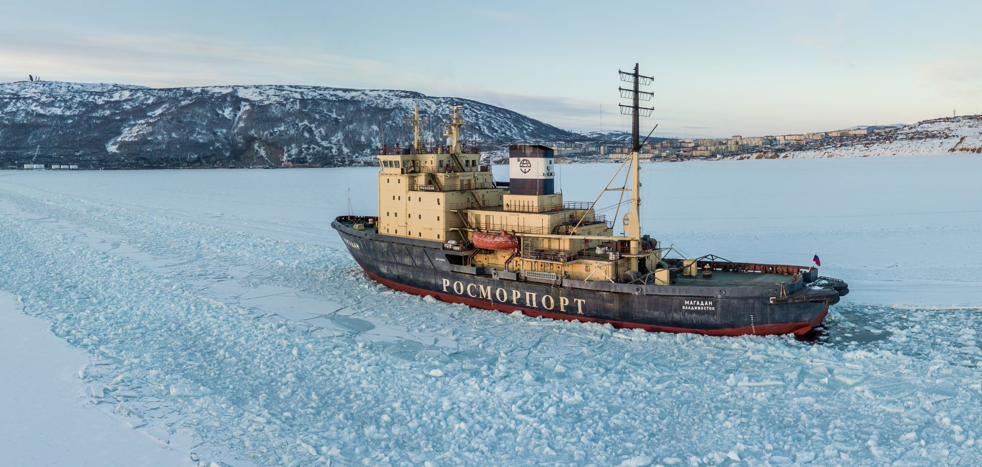 The Magadan icebreaker in the Bay Nagayeva, Sea of Okhotsk, in March 2019.