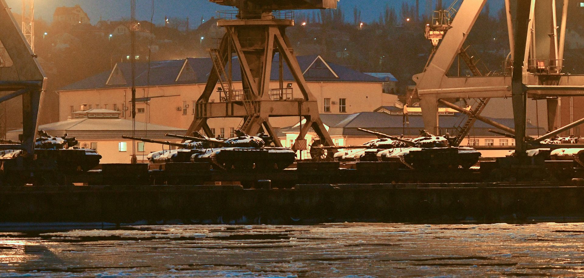 Ukrainian tanks sit at the docks in the port of Mariupol in eastern Ukraine on the Sea of Azov on Dec. 2, 2018.