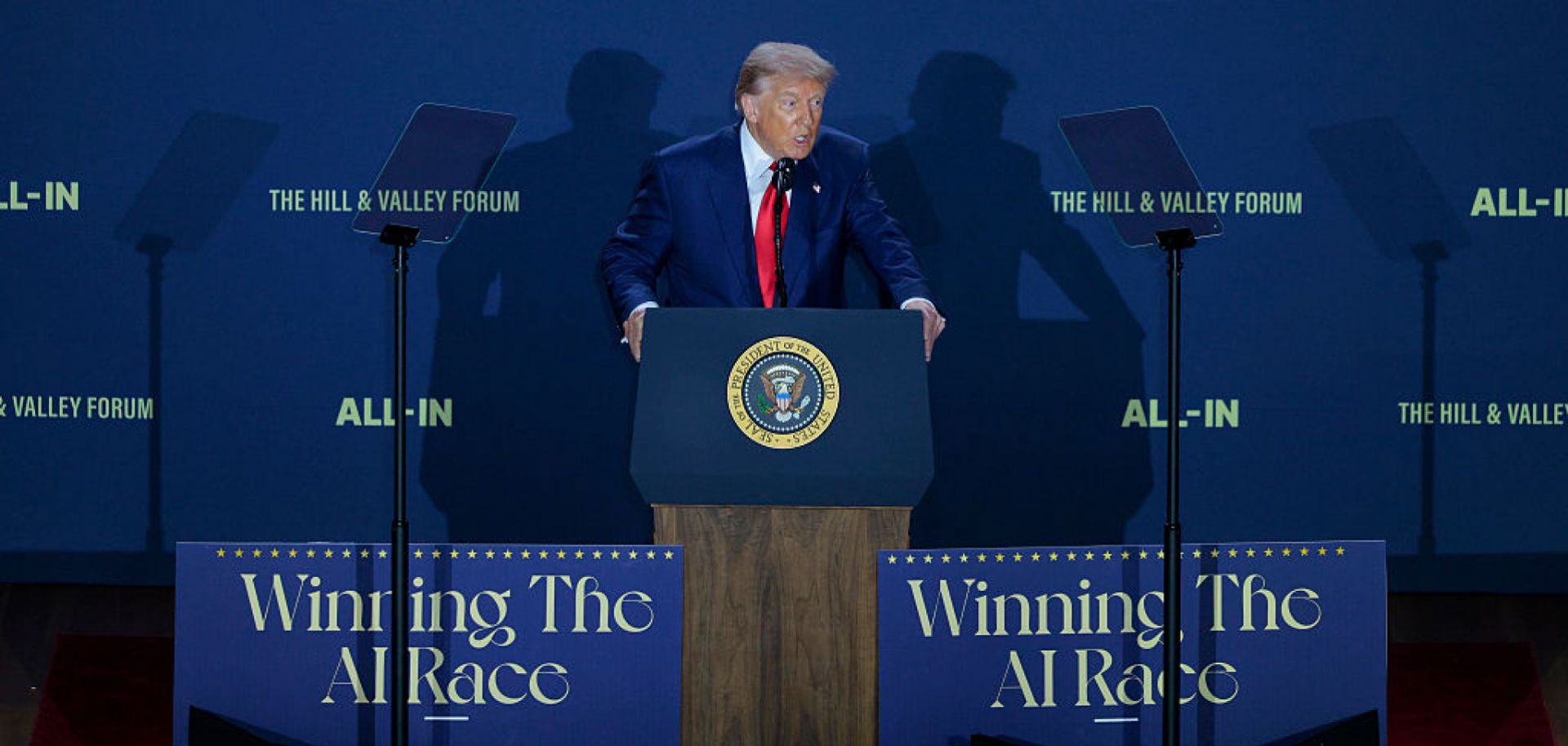 U.S. President Donald Trump speaks during the "Winning the AI Race" summit hosted by All‑In Podcast and Hill & Valley Forum at the Andrew W. Mellon Auditorium on July 23, 2025, in Washington, D.C. 