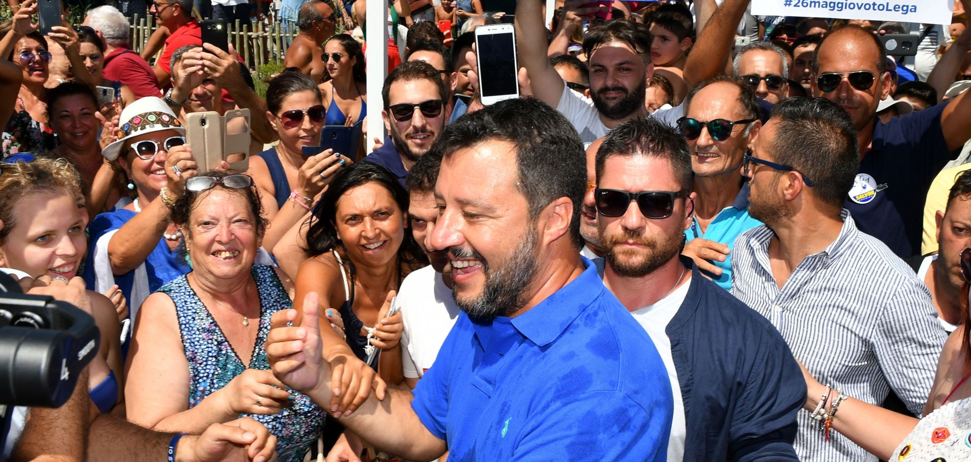 Matteo Salvini, Italy's Interior minister and deputy prime minister, greets supporters in Policoro, Italy, on Aug. 10, 2019.