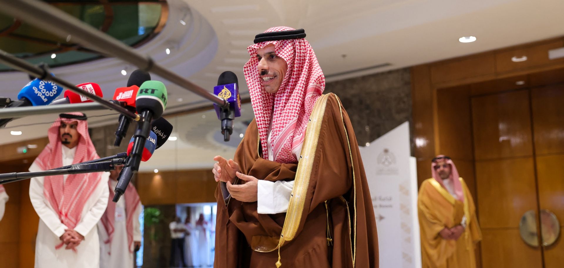 Saudi Foreign Minister Prince Faisal bin Farhan speaks to journalists in Riyadh before the first meeting of Saudi Arabia's new global alliance to push for Palestinian statehood on Oct. 30, 2024. 