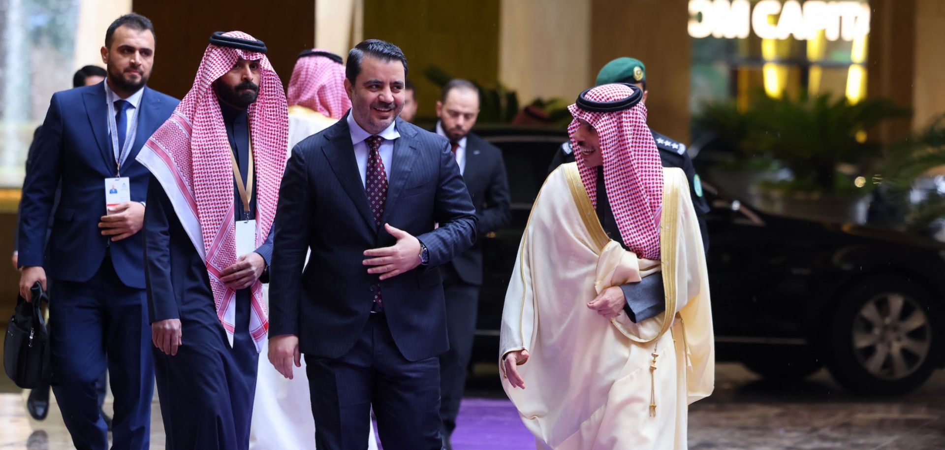 Saudi Foreign Minister Faisal bin Farhan welcomes his Syrian counterpart Asaad Al-Shaibani before attending an Arab officials' meeting in Riyadh on Jan. 12, 2025.