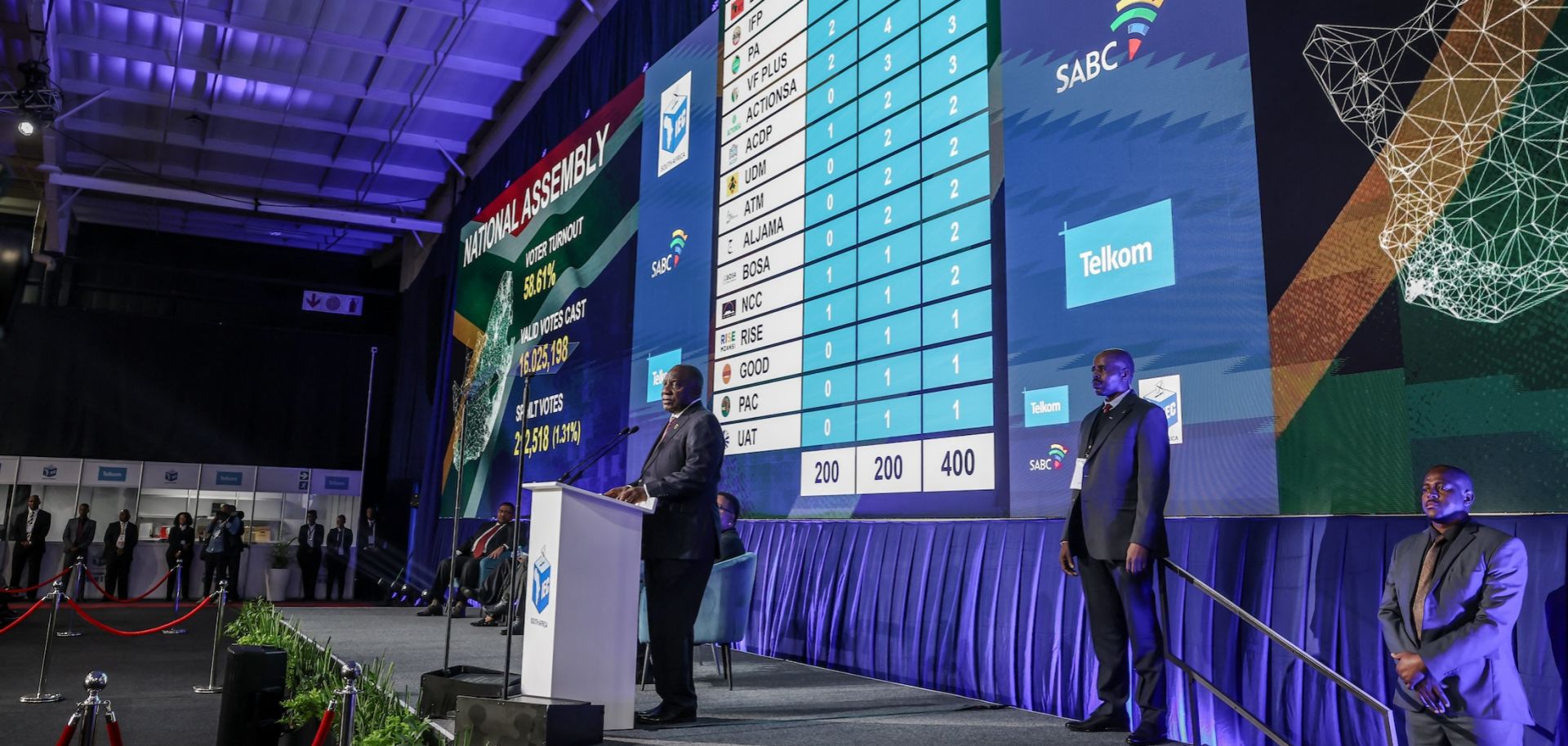 South African President and leader of the African National Congress (ANC) Cyril Ramaphosa (center) delivers his remarks after the official announcement of the results of South Africa's general election at the Gallagher Convention Centre in Midrand, on June 2, 2024. 