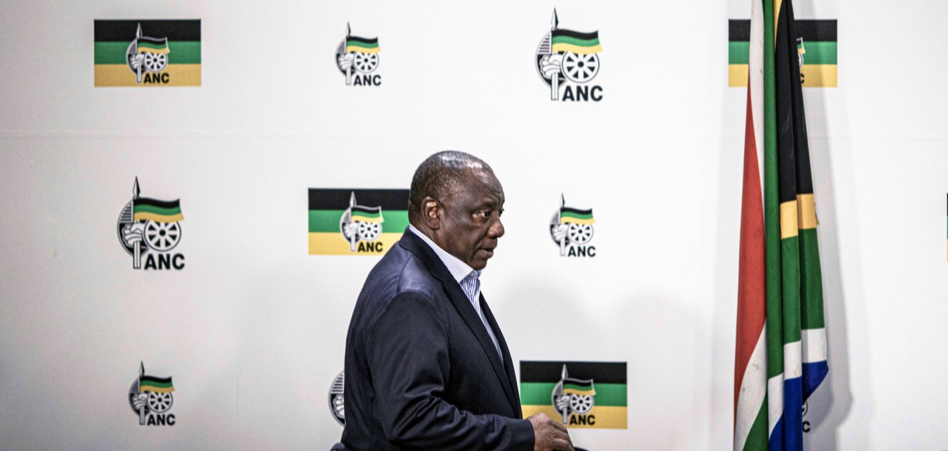 South African President Cyril Ramaphosa arrives at a briefing at his African National Congress (ANC) party's headquarters in Johannesburg on May 13, 2024.