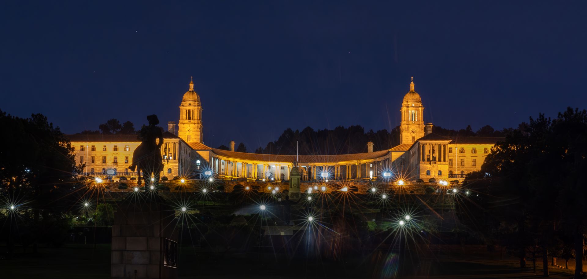 Photograph of the Union Buildings in Pretoria, Gauteng, South Africa, at night. 