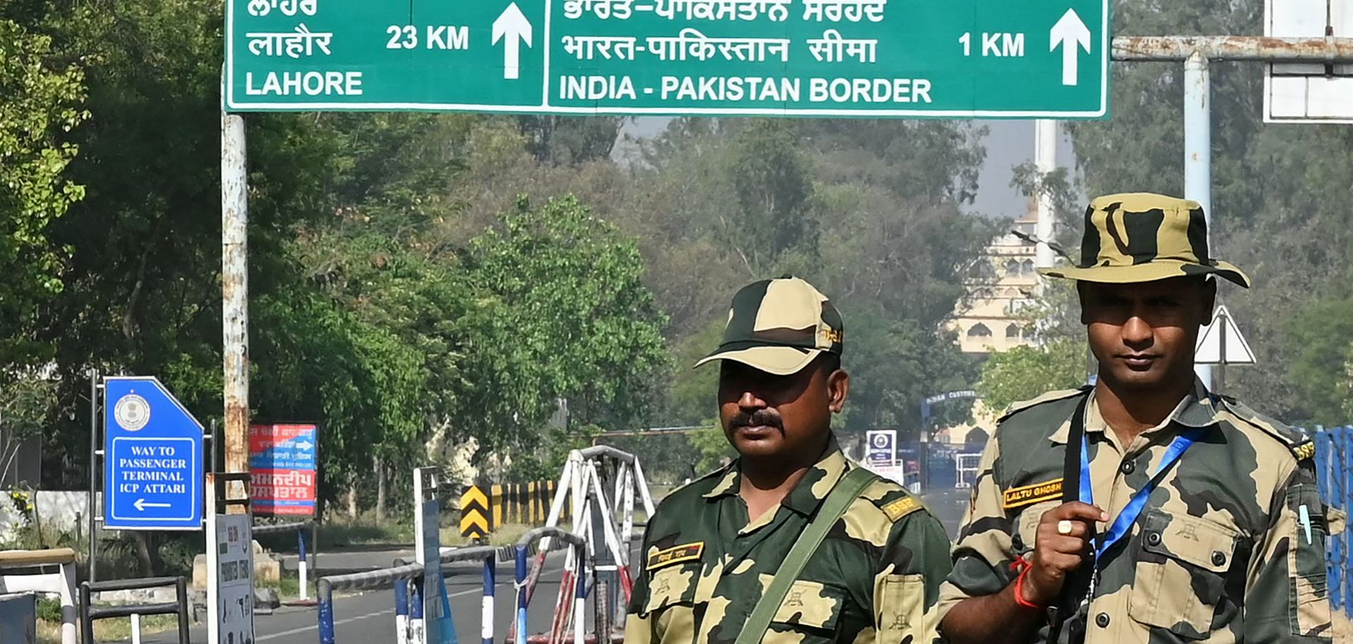 Indian Border Security Force soldiers guard the entrance of the India-Pakistan Wagah border post, about 35 kilometers (about 22 miles) from Amritsar, India, on April 24, 2025. 
