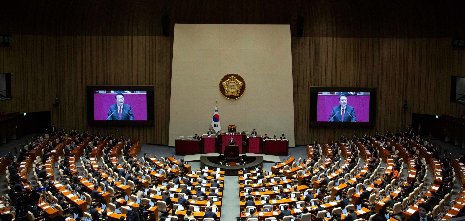 South Korean President Yoon Suk-yeol gives a speech on the government budget at the National Assembly in Seoul on Oct. 31, 2023.