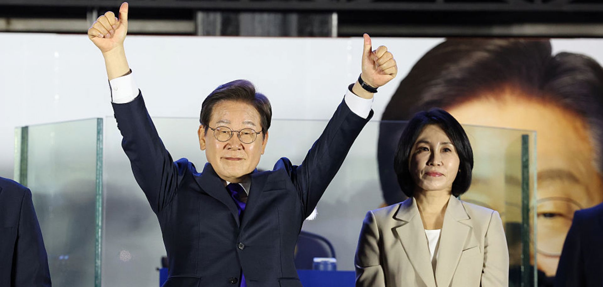 Lee Jae-myung and his wife celebrate his projected victory in South Korea's presidential election on June 4, 2025, in Seoul, South Korea.