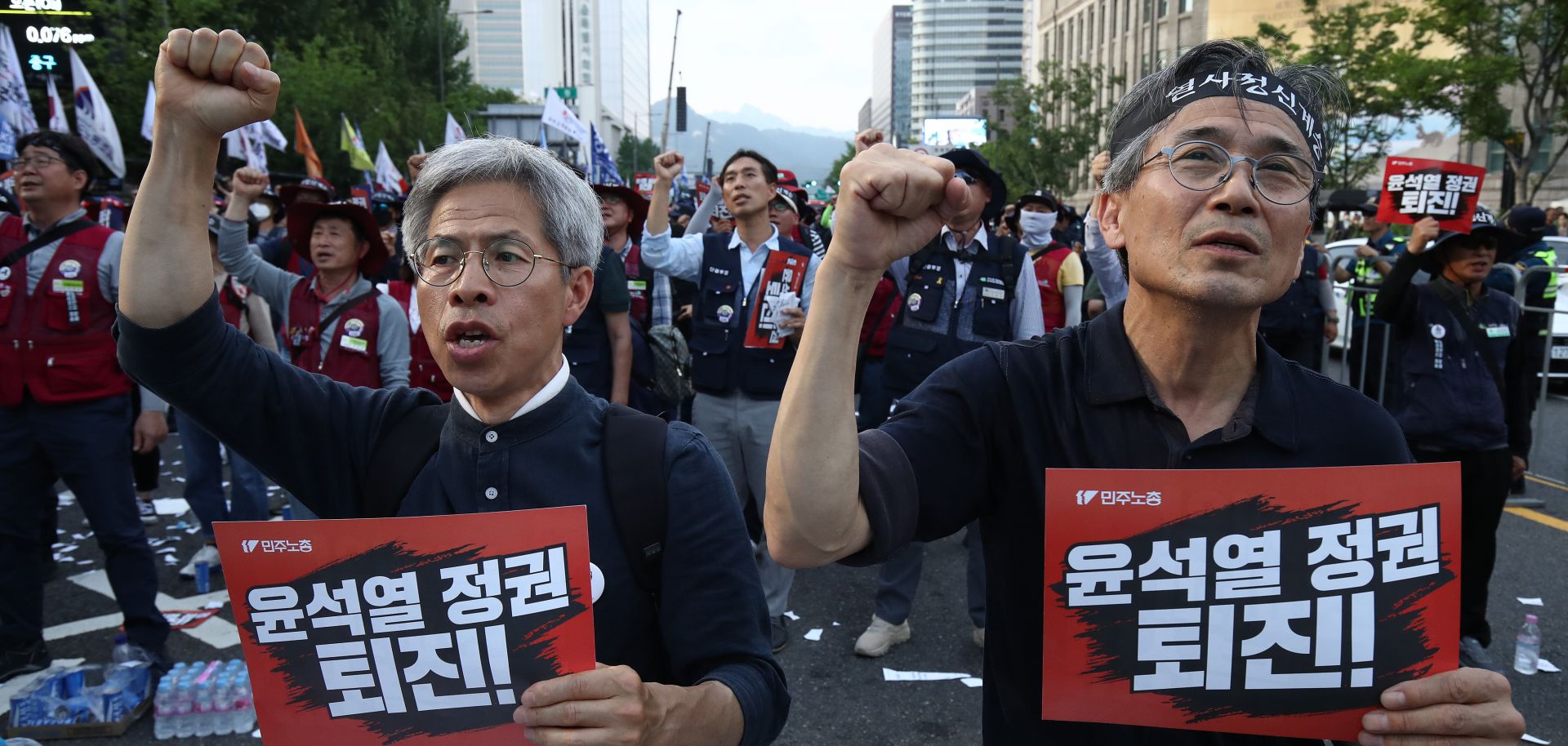 Labor union members from the Korean Confederation of Trade Unions participate in a rally in protest of the government's labor policies on May 31, 2023, in Seoul, South Korea. 