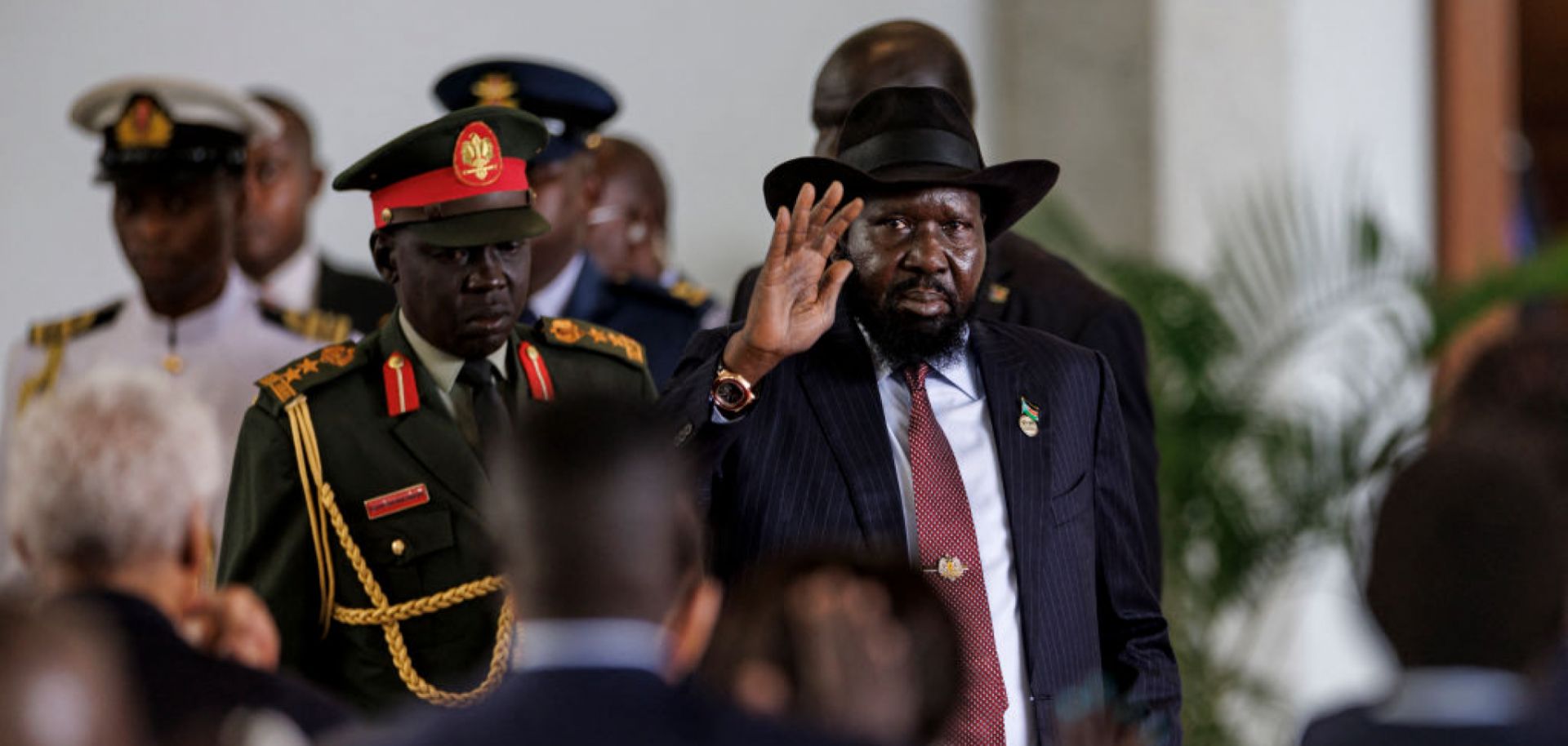 South Sudan's President Salva Kiir (right) waves as he arrives in Nairobi, Kenya, on May 9, 2024, for the launch of new peace talks with rebel groups.