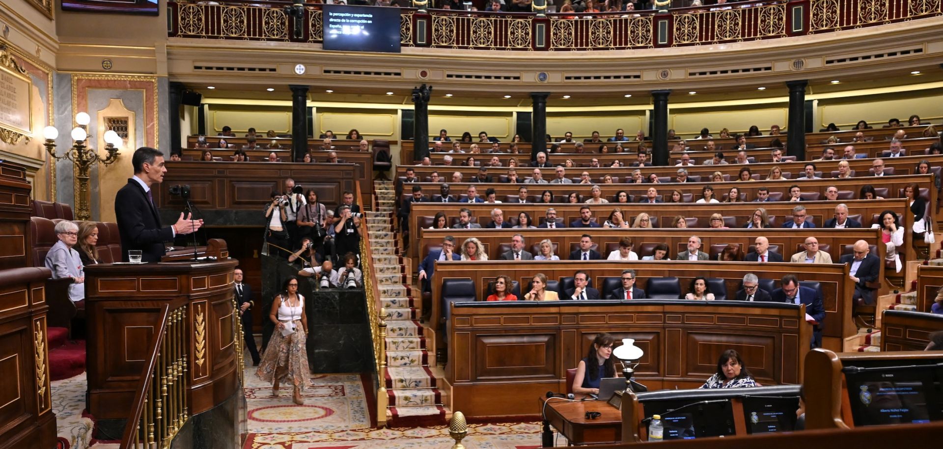 Spanish Prime Minister Pedro Sanchez addresses lawmakers during a plenary session at the Spanish parliament in Madrid on July 9, 2025. 