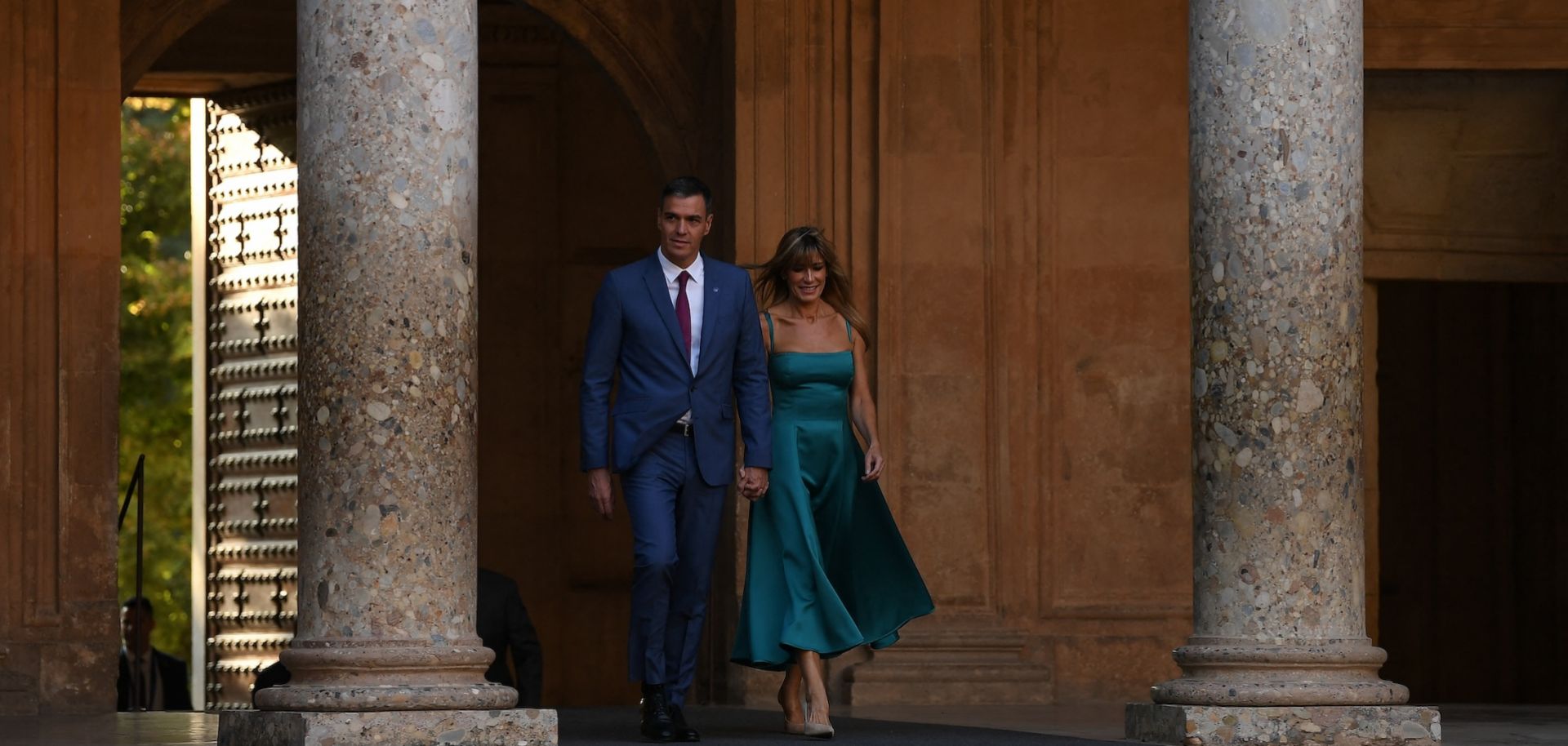 Spanish Prime Minister Pedro Sanchez and his wife, Begona Gomez, arrive Oct. 5, 2023, at the Carlos V Palace at the Alhambra in Granada, Spain.