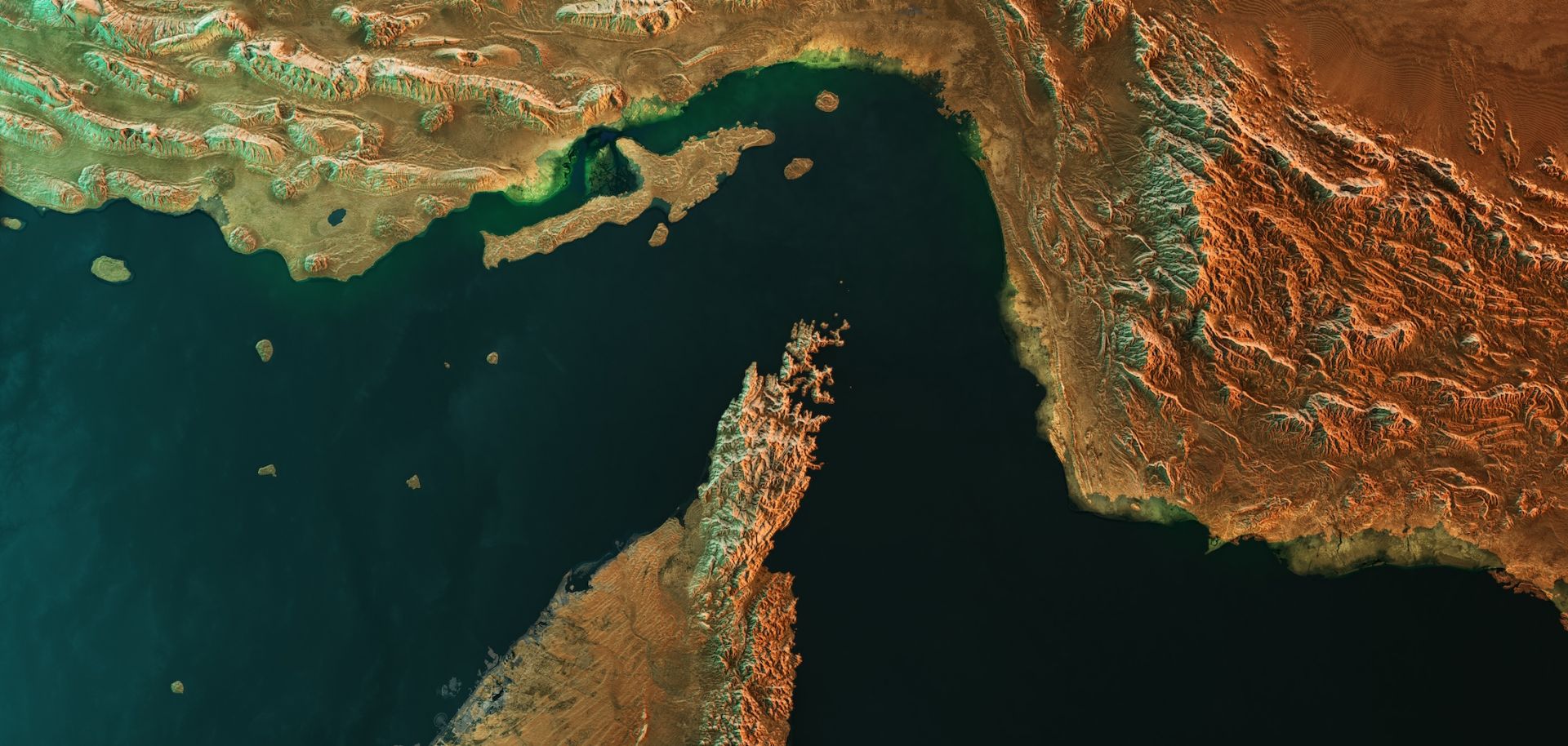 A 3D satellite-style visualization of the Strait of Hormuz in the Persian Gulf.