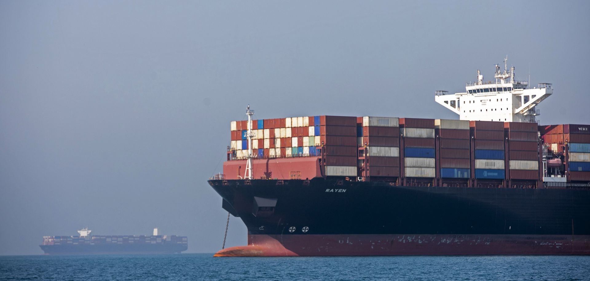 A cargo ship anchored May 16 in the Strait of Hormuz near Larak Island, Iran.