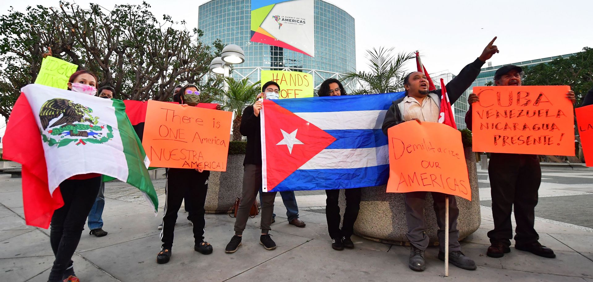 Activists in Los Angeles on June 2, 2022, protest the exclusion of Cuba, Nicaragua and Venezuela from the Summit of the Americas.