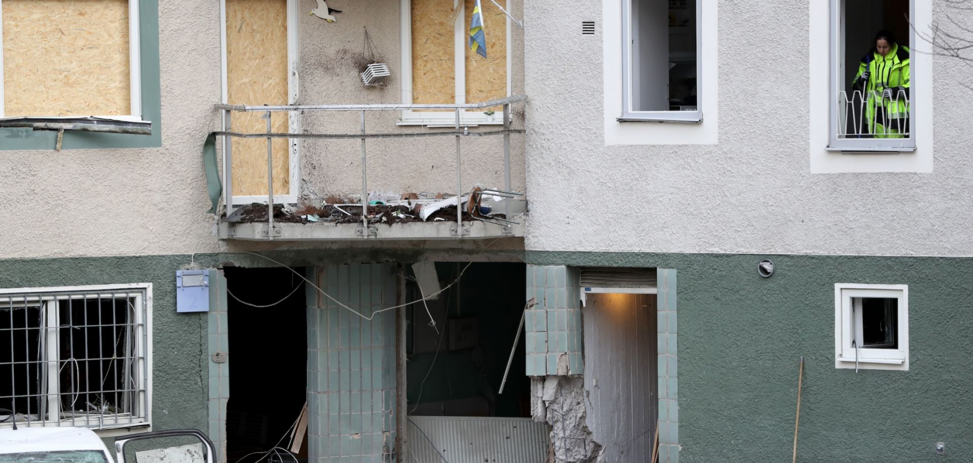 An apartment block damaged when a gang-related bomb exploded early Feb. 2 in Sundbyberg, Sweden.