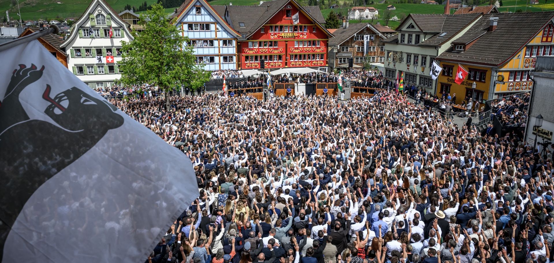 Citizens vote by raising their hands during the Landsgemeinde, a traditional public, non-secret ballot conducted by majority rule, in Appenzell, eastern Switzerland, on April 26.