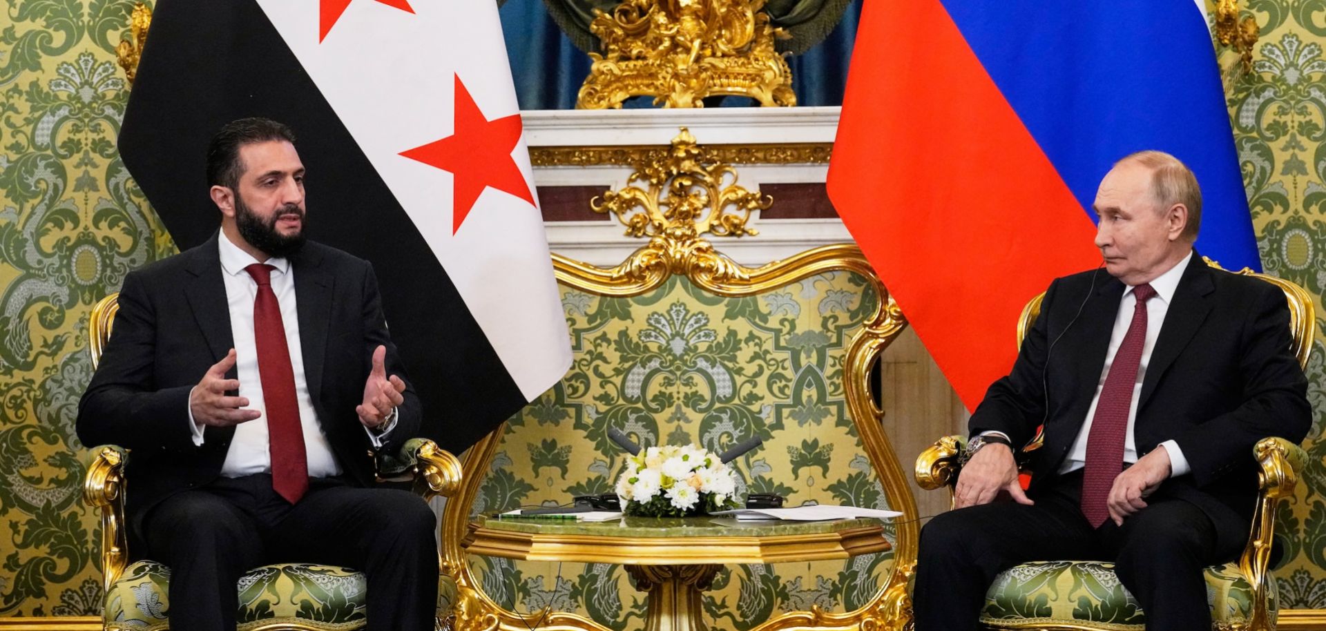 Russian President Vladimir Putin and Syria's interim president, Ahmed al-Sharaa, hold a meeting at the Grand Kremlin Palace in Moscow on Oct.15, 2025. 