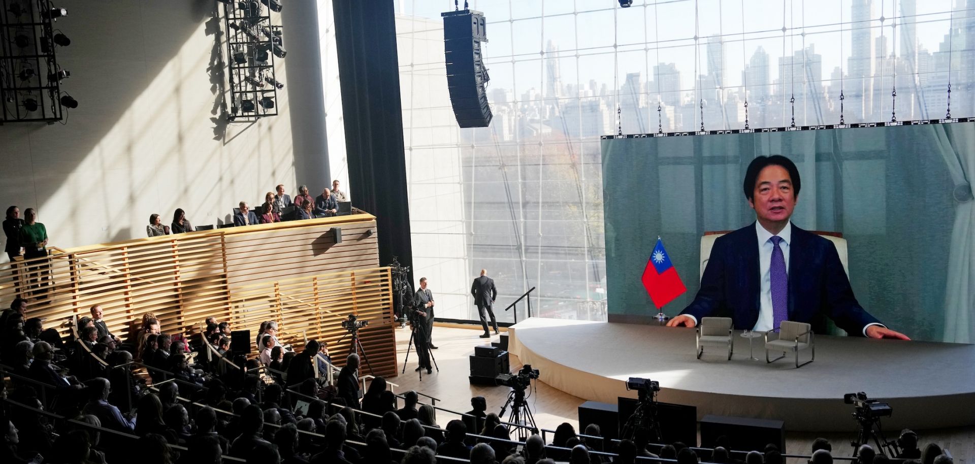 A video interview of Taiwanese President William Lai plays onstage during The New York Times DealBook Summit 2025 at Jazz at Lincoln Center on Dec. 3, 2025, in New York City.