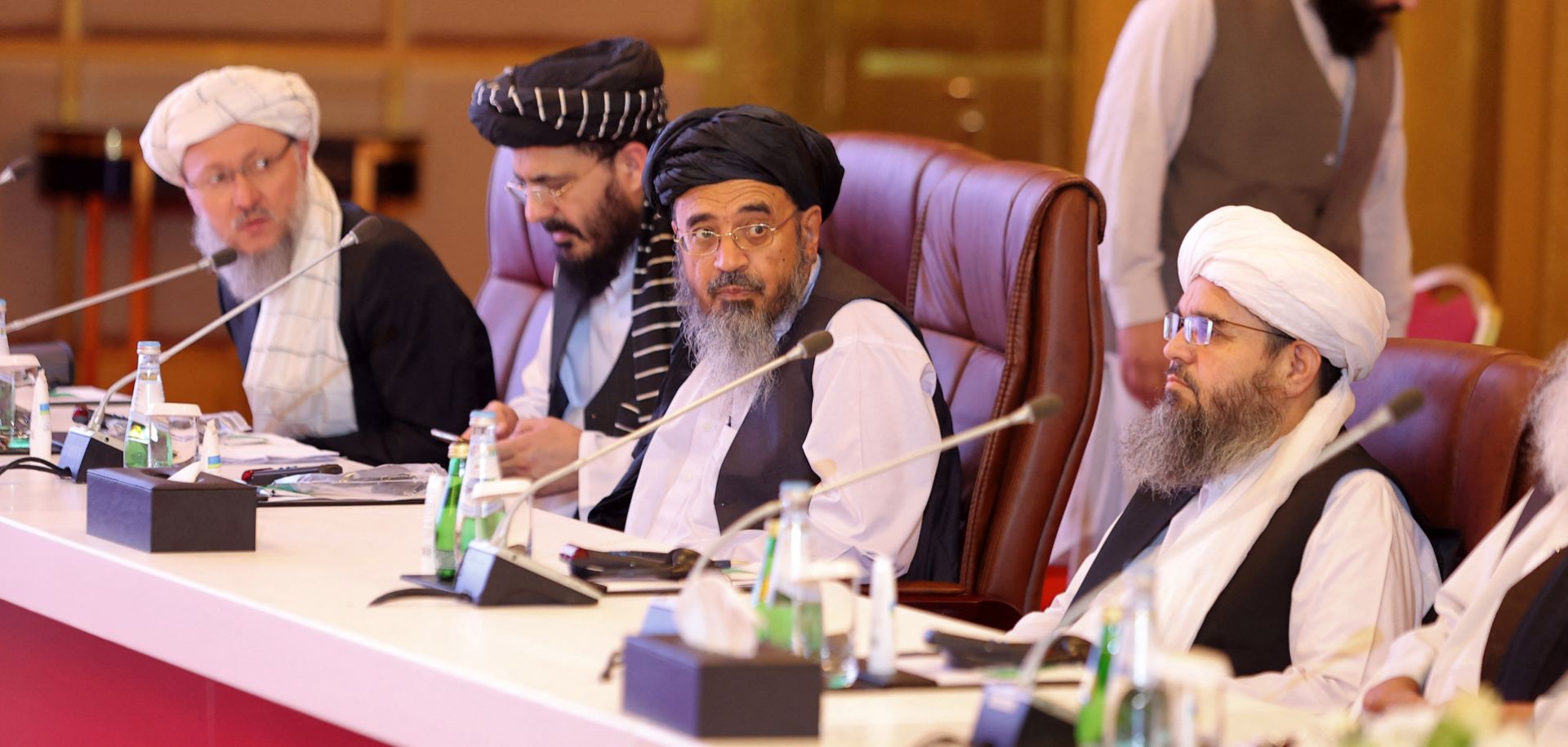 Members of the Taliban participate in talks with the Afghan government on July 18, 2021, in Doha, Qatar. 