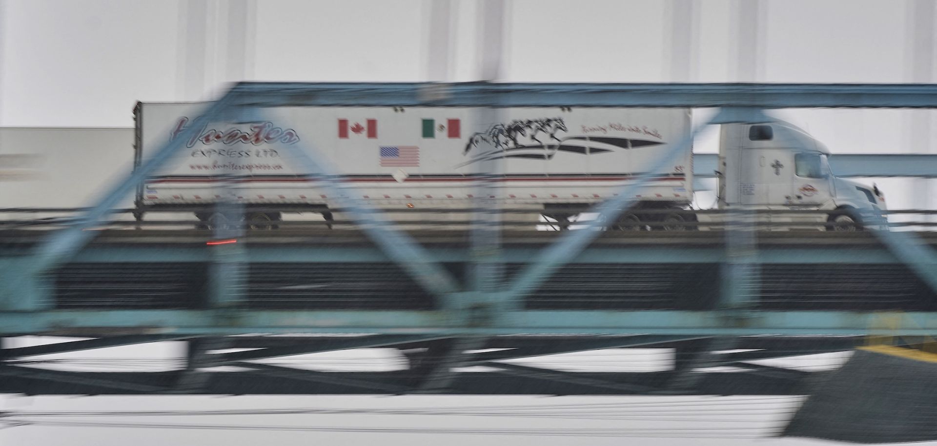 A truck crosses the Ambassador Bridge from Windsor, Ontario, to Detroit, Michigan, on Jan. 31, 2025. 